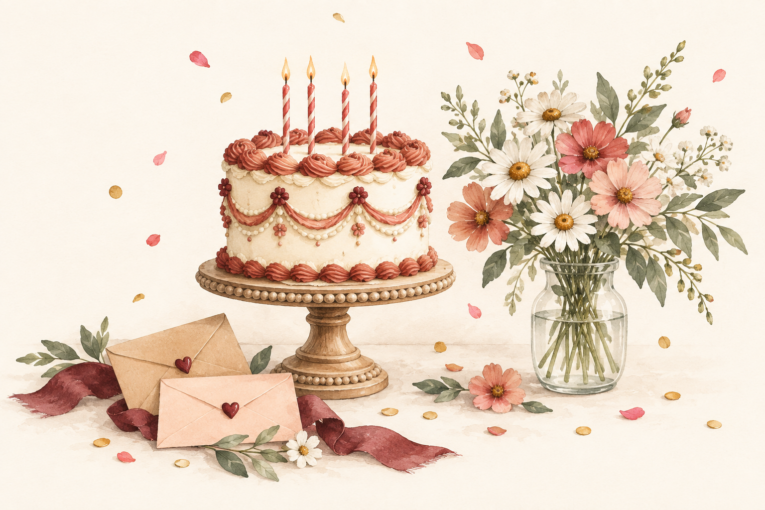 Pastel de cumpleaños con velitas, flores y sobres con corazones